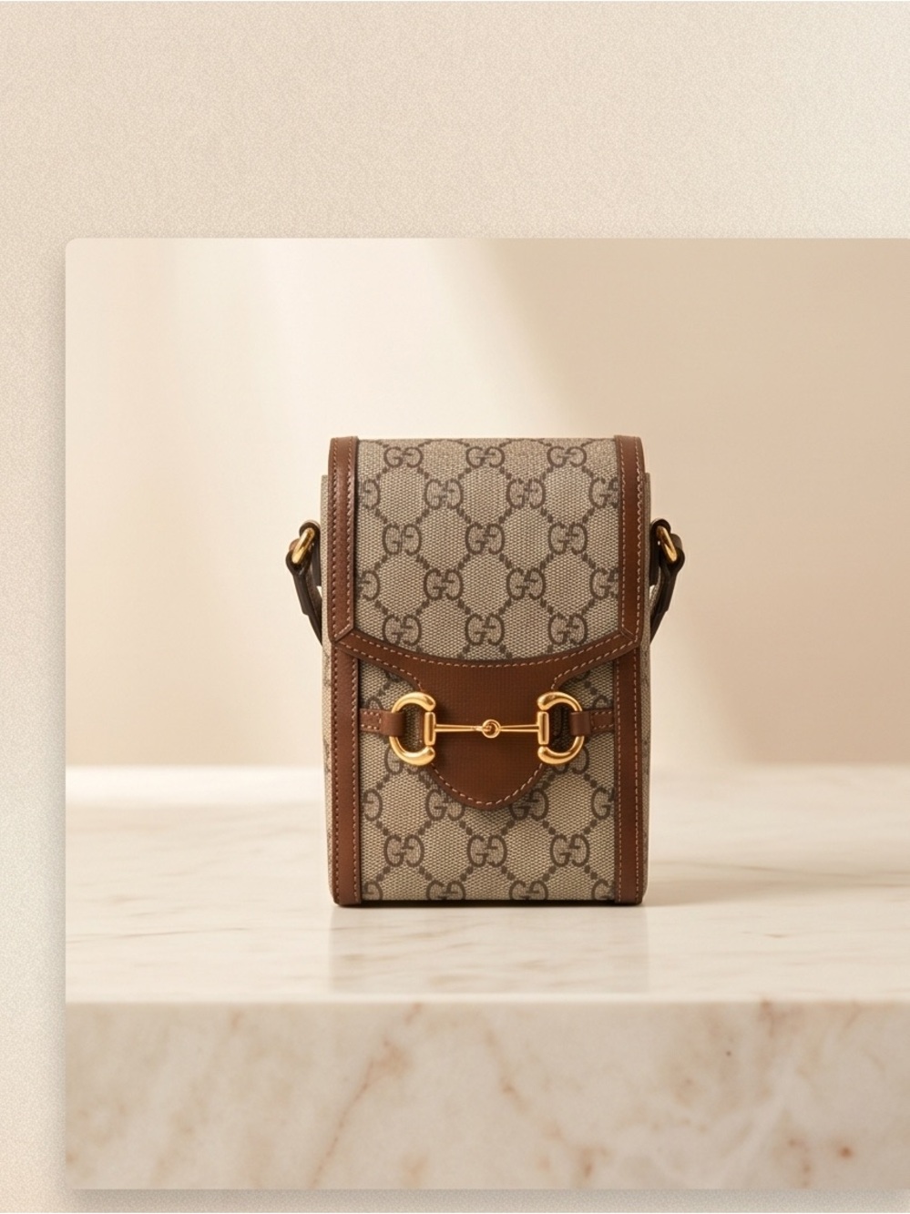 Gucci Beige GG Supreme Canvas Crossbody with Brown Leather & Gold Hardware